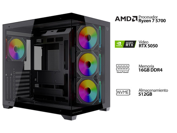 PC Gamer Powerbit: 
Procesador AMD Ryzen 7 5700 (hasta 4.6 GHz), 
Memoria de 16GB DDR4, 
SSD de 512GB,
Video NVIDIA GeForce RTX 5050, 
Wi-Fi,
Fuente de Poder de 700W Bronze,
S.O. Windows 11 Home (Versión de Prueba).
4 Ventiladores RGB.
