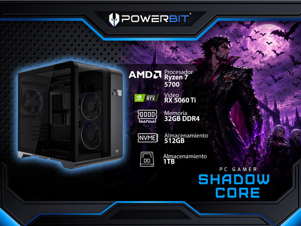 PC Gamer Powerbit ShadowCore: 
CPU AMD Ryzen 7 5700 (hasta 4.6 GHz),
RAM de 32GB DDR4,
M.2 de 512GB,
Disco Duro de 1TB,
NVIDIA GeForce RTX 5060 Ti,
Wi-Fi, Bluetooth,
Fuente de Poder de 700W 80 Plus Bronze,
S.O. Windows 11 Home (Versión de Prueba)