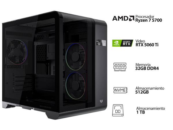 PC Gamer Powerbit: 
CPU AMD Ryzen 7 5700 (hasta 4.6 GHz),
Memoria de 32GB DDR4,
M.2 de 512GB,
Disco Duro de 1TB,
Video NVIDIA GeForce RTX 5060 Ti,
Wi-Fi, Bluetooth,
Fuente de Poder de 700W 80 Plus Bronze,
S.O. Windows 11 Home (Versión de Prueba).