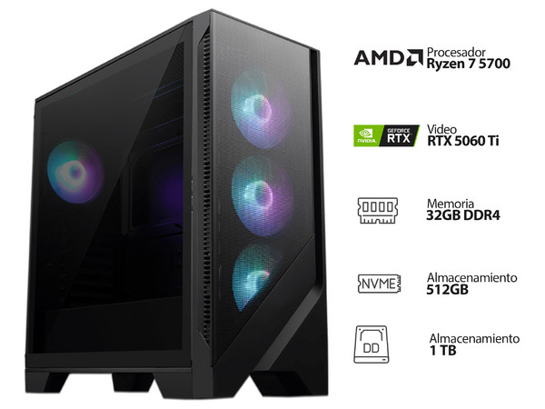 PC Gamer Powerbit:
CPU AMD Ryzen 7 5700 (hasta 4.6 GHz),
Memoria de 32GB DDR4,
M.2 de 512GB,
Disco Duro de 1TB,
Video NVIDIA GeForce RTX 5060 Ti, 
Wi-Fi, Bluetooth,
Fuente de Poder de 750W 80 PLUS Bronze,
S.O. Windows 11 Home (Versión de Prueba).