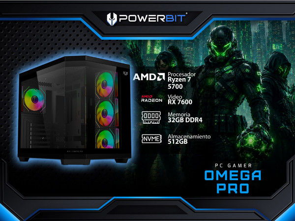 PC Gamer Powerbit Omega Pro: 
CPU AMD Ryzen 7 5700 (hasta 4.6 GHz),
Memoria de 32GB DDR4,
M.2 de 512GB,
Video AMD Radeon RX 7600,
Wi-Fi, Bluetooth,
Fuente de Poder de 750W GOLD,
S.O. Windows 11 Home (Versión de Prueba),