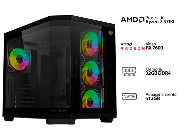 PC Gamer Powebit Omega Pro: 
CPU AMD Ryzen 7 5700 (hasta 4.6 GHz),
Memoria de 32GB DDR4,
SSD de 512GB,
Video AMD Radeon RX 7600,
Wi-Fi, Bluetooth,
Fuente de Poder de 750W GOLD,
S.O. Windows 11 Home (Versión de Prueba),
Incluye 4 Ventiladores ARGB.