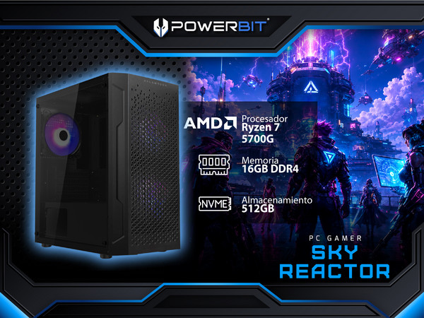PC Gamer Powerbit Sky Reactor: 
Procesador AMD Ryzen 7 5700G (hasta 4.6 GHz),
Memoria de 16GB DDR4, 
SSD de 512GB, 
Video Radeon Graphics, 
S.O. Windows 11 Home (Versión de Prueba),
Incluye 3 Ventiladores RGB.