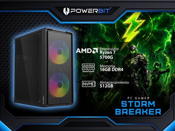 PC Gamer Powerbit Stormbreaker: 
Procesador AMD Ryzen 7 5700G (hasta 4.6 GHz), 
Memoria de 16GB DDR4, 
SSD de 512GB, 
Video Radeon Graphics, 
S.O. Windows 11 Home (Versión de Prueba).
