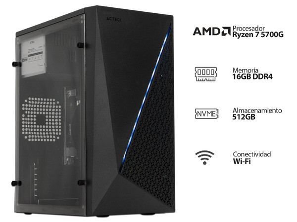 PC Gamer Powerbit: 
Procesador AMD Ryzen 7 5700G (hasta 4.6 GHz), 
Memoria de 16GB DDR4, 
M.2 de 512GB, 
Wi-Fi, 
Video Radeon Graphics,
S.O. Windows 11 Home (Versión de Prueba).