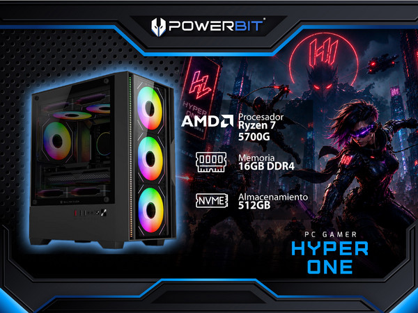 PC Gamer Powerbit Hyper One:
Procesador AMD Ryzen 7 5700G (hasta 4.6 GHz),
Memoria de 16GB DDR4,
M.2 de 512GB,
Video Radeon Graphics,
Fuente de Poder de 500W,
Panel de Cristal,
S.O. Windows 11 Home (Versión de Prueba).
Incluye 4 Ventiladores RGB.