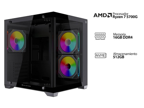 PC Gamer Powerbit: 
Procesador AMD Ryzen 7 5700G (hasta 4.6 GHz), 
Memoria de 16GB DDR4, 
SSD de 512GB, 
Video Radeon Graphics, 
S.O. Windows 11 Home (Versión de Prueba)