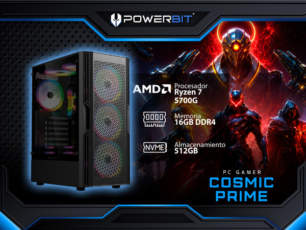 PC Gamer Powerbit Cosmic Prime: 
Procesador AMD Ryzen 7 5700G (hasta 4.6 GHz),
Memoria de 16GB DDR4, 
SSD de 512GB, 
Video Radeon Graphics, 
S.O. Windows 11 Home (Versión de Prueba), Incluye 3 Ventiladores RGB.