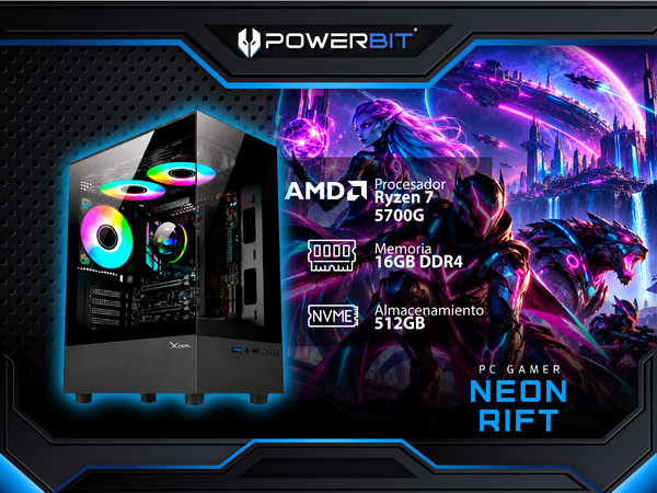 PC Gamer Powerbit Neon Rift: 
Procesador AMD Ryzen 7 5700G (hasta 4.6 GHz), 
Memoria de 16GB DDR4, 
M.2 de 512GB, 
Wi-Fi, 
Video Radeon Graphics, 
S.O. Windows 11 home (Versión de Prueba).