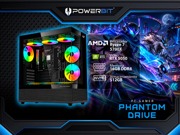 PC Gamer Powerbit Phantom Drive:
CPU AMD Ryzen 7 5700X (hasta 4.6 GHz),
RAM de 16GB DDR4,
M.2 de 512GB,
Fuente de 750W Bronze,
Video NVIDIA GeForce RTX 5050,
Con Enfriamiento Líquido,
Wi-Fi,
S.O. Windows 11 Home (Versión de Prueba)