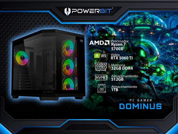 PC Gamer Powerbit Dominus: 
Procesador AMD Ryzen 7 5700X (hasta 4.6 GHz), 
Memoria de 32GB DDR4, 
M.2 de 512GB, 
Disco Duro de 1TB, 
Video NVIDIA GeForce RTX 5060 TI, 
Con Enfriamiento Líquido,
S.O. Windows 11 Home (Versión de Prueba).
