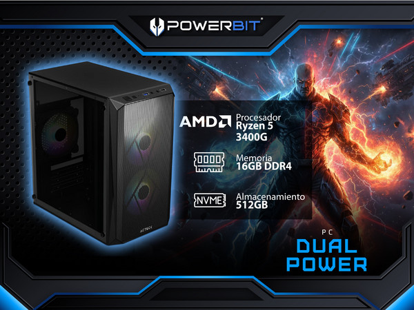 PC de Escritorio Powerbit DualPower: 
Procesador AMD Ryzen 5 3400G (hasta 4.2 GHz), 
Memoria de 16GB DDR4, 
SSD de 512GB, 
Video Radeon Graphics,
Incluye 3 Ventiladores RGB,
S.O. Windows 11 Home (Versión de Prueba).