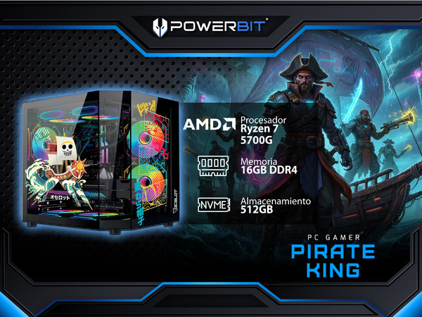PC Gamer Powerbit Pirate King:
Procesador AMD Ryzen 7 5700G (hasta 4.6 GHz), 
Memoria de 16GB DDR4, 
SSD de 512GB, 
Video Radeon Graphics, 
Incluye 3 Ventiladores RGB,
S.O. Windows 11 Home (Versión de Prueba).