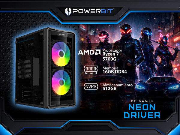PC Gamer Powerbit Neon Driver: 
Procesador AMD Ryzen 7 5700G (hasta 4.6 GHz), 
Memoria de 16GB DDR4, 
SSD de 512GB, 
Video Radeon Graphics, 
S.O. Windows 11 Home (Versión de Prueba).