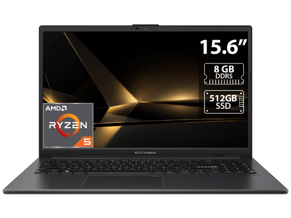 Laptop ASUS VivoBook Go: 
Procesador AMD Ryzen 5 40 (hasta 4.3 GHz),
Memoria de 8GB DDR5, 
SSD de 512GB, 
Pantalla de 15.6