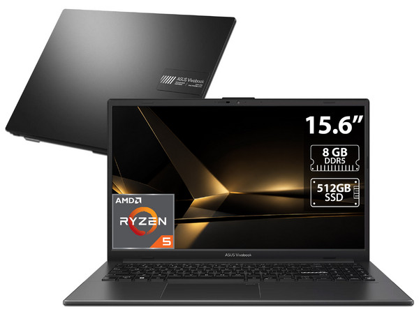 Laptop ASUS VivoBook Go: 
Procesador AMD Ryzen 5 40 (hasta 4.3 GHz),
Memoria de 8GB DDR5, 
SSD de 512GB, 
Pantalla de 15.6