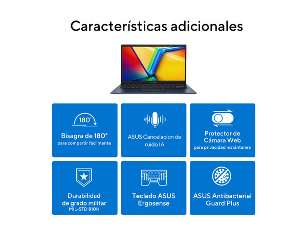 Laptop ASUS VivoBook F1404VA-NK1055X:
Procesador Intel Core i5 1334U (hasta 4.6 GHz),
Memoria de 8GB DDR4,
SSD de 512GB,
Pantalla de 14