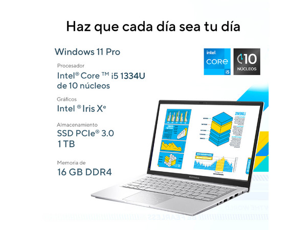 Laptop ASUS VivoBook F1404VA-NK1055X:
Procesador Intel Core i5 1334U (hasta 4.6 Ghz),
Memoria de 16GB DDR4,
SSD de 1TB,
Pantalla de 14