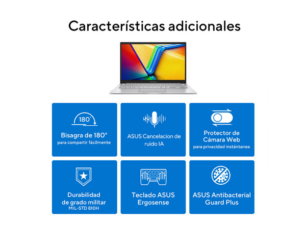 Laptop ASUS VivoBook F1404VA-NK1055X:
Procesador Intel Core i5 1334U (hasta 4.6 Ghz),
Memoria de 16GB DDR4,
SSD de 1TB,
Pantalla de 14