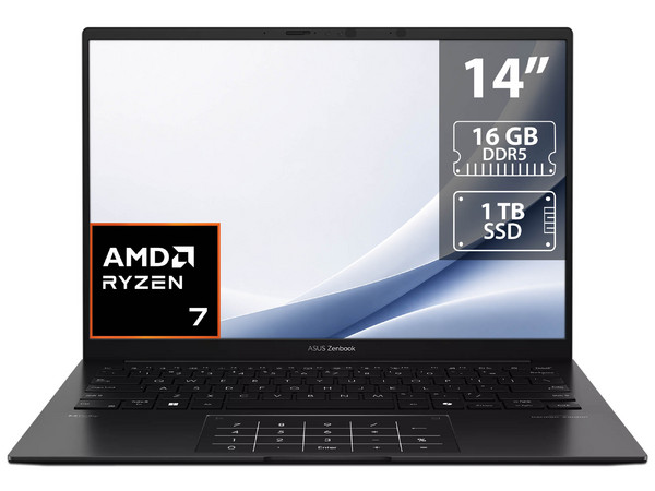 Laptop ASUS ZenBook 14: 
Procesador AMD Ryzen 7 445 (hasta 4.6 GHz), 
Memoria de 16GB DDR5, 
SSD de 1TB, 
Pantalla de 14