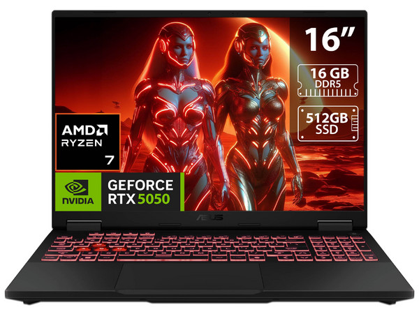 Laptop ASUS TUF Gaming A16:
Procesador AMD Ryzen 7 260 (hasta 5.1 GHz),
Memoria de 16GB DDR5,
SSD de 512GB,
Pantalla de 16