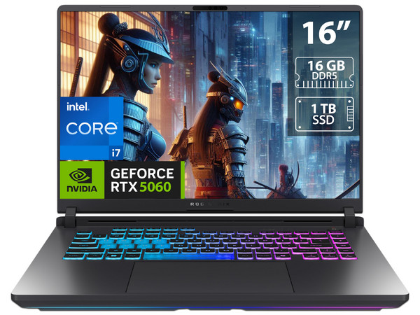 Laptop Gamer ASUS ROG Strix G16: 
Procesador Intel Core i7 14650HX (hasta 5.2 GHz), 
Memoria de 16GB DDR5, 
SSD de 1TB,
Pantalla de 16