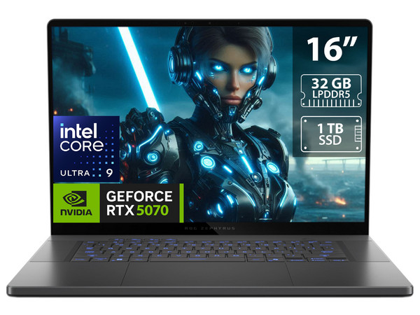 Laptop Gamer ASUS ROG ZEPHYRUS G16:
Procesador Intel Core Ultra 9 285H (hasta 5.4 GHz), 
Memoria de 32GB LPDDR5, 
SSD de 1TB, 
Pantalla de 16