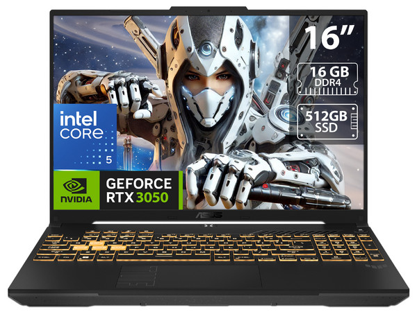 Laptop ASUS TUF Gaming F16:
Procesador Intel Core 5 210H (hasta 4.8 GHz),
Memoria de 16GB DDR4,
SSD de 512GB,
Pantalla de 16