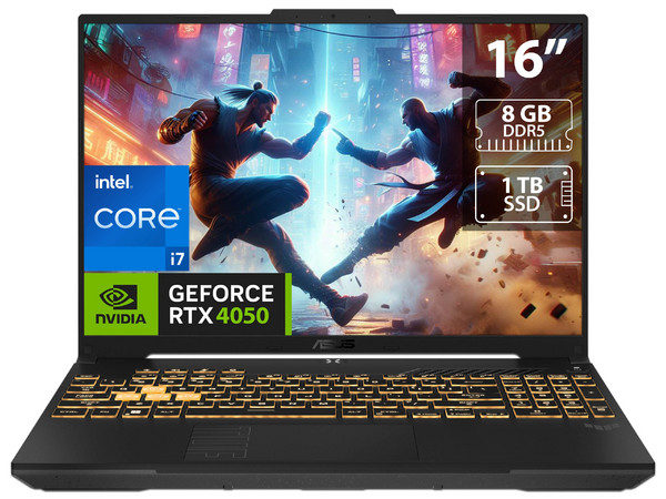 Laptop Gamer ASUS TUF Gaming F16: 
Procesador Intel Core i7 13620H (hasta 4.9 GHz), 
Memoria de 8GB DDR5, 
SSD de 1TB, 
Pantalla de 16