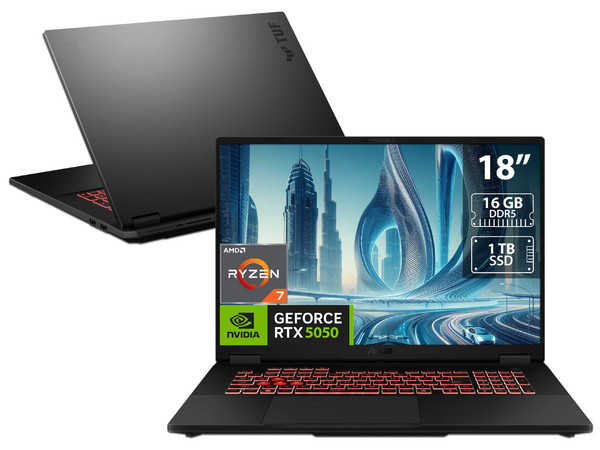 Laptop Gamer ASUS TUF Gaming A18: 
Procesador AMD Ryzen 7 260 (hasta 5.1 GHz), 
Memoria de 16GB DDR5, 
SSD de 1TB, 
Pantalla de 18