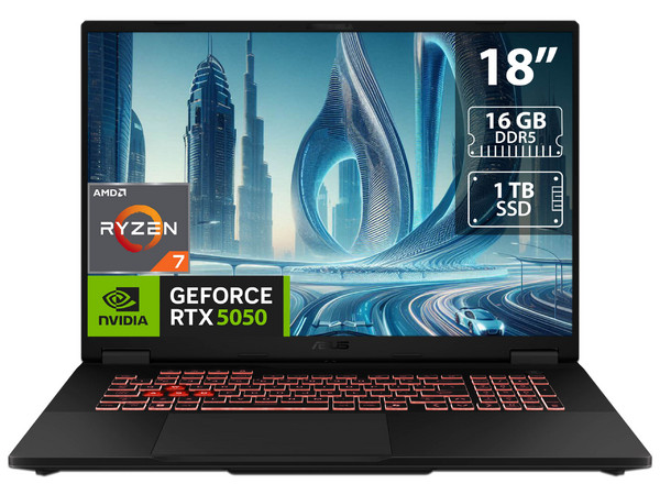 Laptop Gamer ASUS TUF Gaming A18: 
Procesador AMD Ryzen 7 260 (hasta 5.1 GHz), 
Memoria de 16GB DDR5, 
SSD de 1TB, 
Pantalla de 18