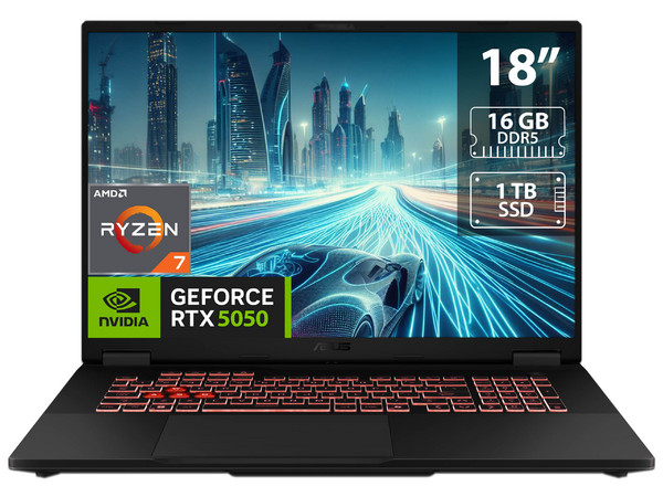 Laptop Gamer ASUS TUF Gaming A18: 
Procesador AMD Ryzen 7 260 (hasta 5.1 GHz), 
Memoria de 16GB DDR5, 
SSD de 1TB, 
Pantalla de 18