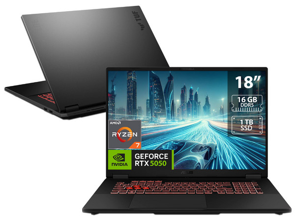 Laptop Gamer ASUS TUF Gaming A18: 
Procesador AMD Ryzen 7 260 (hasta 5.1 GHz), 
Memoria de 16GB DDR5, 
SSD de 1TB, 
Pantalla de 18