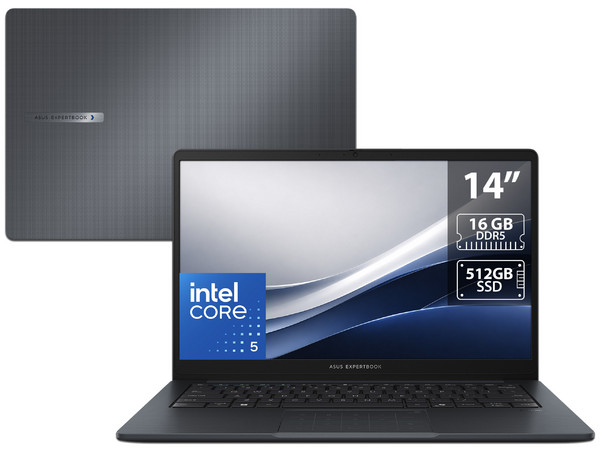 Laptop ASUS ExpertBook B1403CVA: 
Procesador Intel Core 5 120U (hasta 5.0 GHz), 
Memoria de 16GB DDR5, 
SSD de 512GB, 
Pantalla de 14