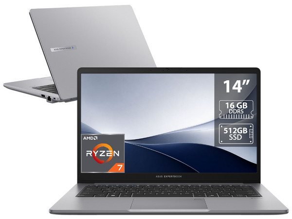 Laptop ASUS ExpertBook PM1403CDA:
Procesador AMD Ryzen 7 170 (hasta 4.75 Ghz),
Memoria de 16GB DDR5,
SSD de 512GB,
Pantalla de 14