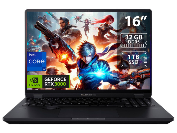 Laptop ASUS ProArt StudioBook:
Procesador Intel Core i9 13980HX (hasta 5.6 GHz),
Memoria de 32GB DDR5,
SSD de 1TB,
Pantalla de 16
