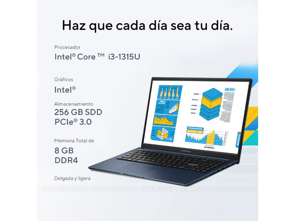 Laptop ASUS VivoBook 15:
Procesador Intel Core i3 1315U (hasta 4.5 GHz),
Memoria de 8GB DDR4,
SSD de 256GB,
Pantalla de 15.6
