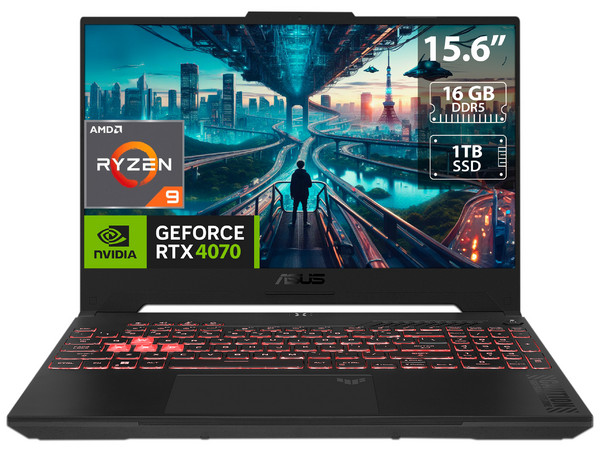 Laptop ASUS TUF Gaming A15:
Procesador AMD Ryzen 9 7940HS (hasta 5.2 GHz),
Memoria de 16GB DDR5,
SSD M.2 de 1TB,
Pantalla de 15.6