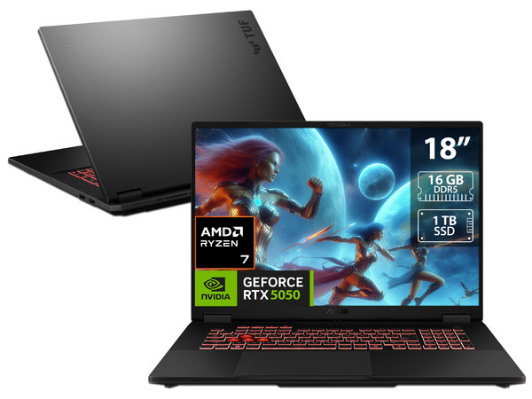Laptop ASUS TUF Gaming A18:
Procesador AMD Ryzen 7 260 (hasta 5.1 GHz),
Memoria de 16GB DDR5,
SSD de 1TB,
Pantalla de 18