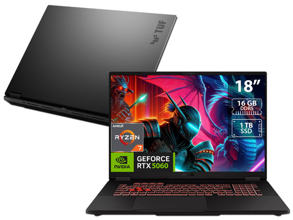 Laptop Gamer ASUS TUF Gaming A18: 
Procesador AMD Ryzen 7 260 (hasta 5.1 GHz), 
Memoria de 16GB DDR5, 
SSD de 1TB, 
Pantalla de 18