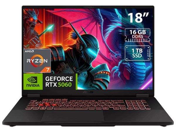 Laptop Gamer ASUS TUF Gaming A18: 
Procesador AMD Ryzen 7 260 (hasta 5.1 GHz), 
Memoria de 16GB DDR5, 
SSD de 1TB, 
Pantalla de 18