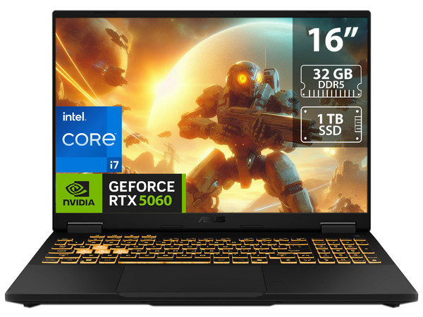 Laptop Gamer ASUS TUF F16: 
CPU Intel Core i7 14650HX (hasta 5.2 GHz), 
Memoria de 32GB DDR5, 
SSD de 1TB, 
Pantalla de 16