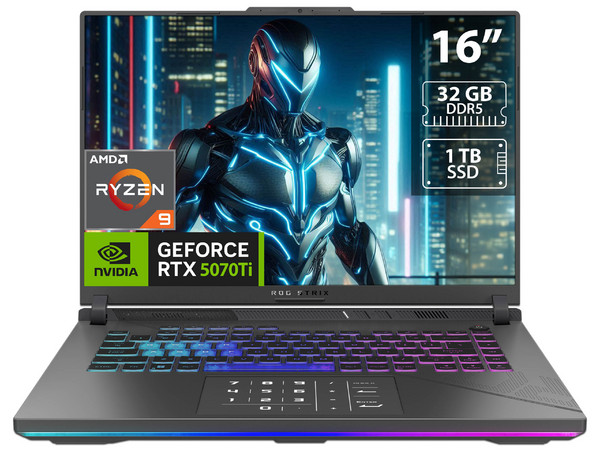 Laptop Gamer ASUS ROG Strix G16: 
CPU AMD Ryzen 9 9955HX (hasta 5.4 GHz),
Memoria 32GB DDR5,
SSD 1TB,
Pantalla de 16