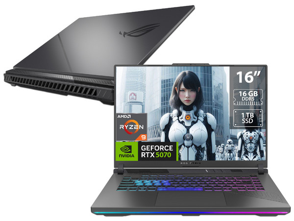 Laptop Gamer ASUS ROG Strix G16: 
Procesador AMD Ryzen 9 8940HX (hasta 5.3 GHz), 
Memoria de 16GB DDR5, 
SSD de 1TB, 
Pantalla de 16