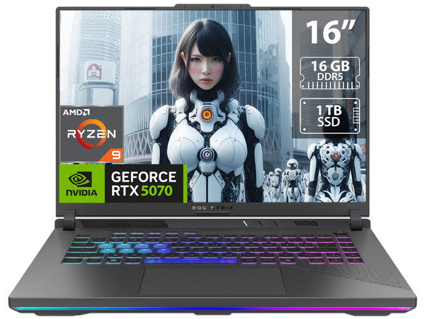 Laptop Gamer ASUS ROG Strix G16: 
Procesador AMD Ryzen 9 8940HX (hasta 5.3 GHz), 
Memoria de 16GB DDR5, 
SSD de 1TB, 
Pantalla de 16