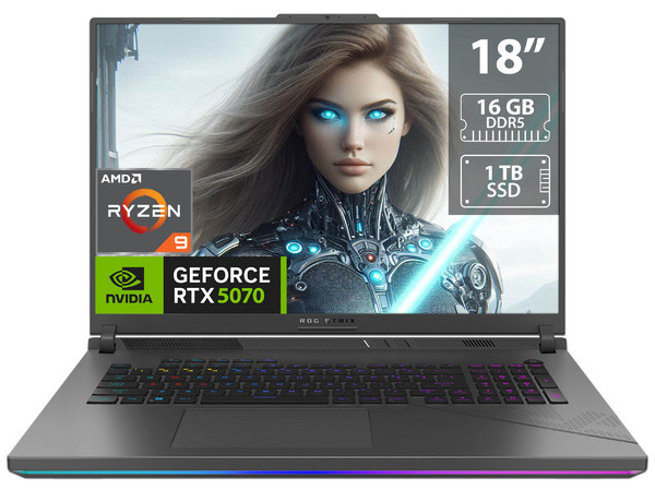 Laptop Gamer ASUS ROG Strix G18:
CPU AMD Ryzen 9 8940HX (hasta 5.3 GHz),
Memoria de 16GB DDR5,
SSD de 1TB,
Pantalla de 18