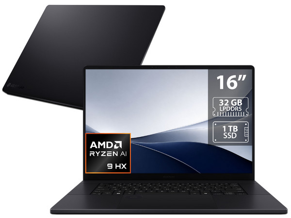Laptop ASUS ProArt P16 H7606WM:
Procesador AMD Ryzen 9 AI HX 370 (hasta 5.1 GHz),
Memoria de 32GB LPDDR5,
SSD de 1TB,
Pantalla de 16