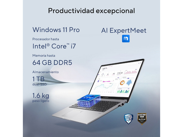 Laptop ASUS ExpertBook   P1503CVA-i716G512-P1 :
Procesador Intel Core i7 13620H (Hasta 4.9 GHz ),
Memoria de 16GB DDR5,
SSD de 512GB,
Pantalla de 15.6