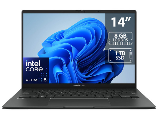 Laptop ASUS Zenbook 14: 
Procesador Intel Core Ultra 5 125H (hasta 4.5 GHz), 
Memoria de 8GB LPDDR5, 
SSD de 1TB, 
Pantalla de 14