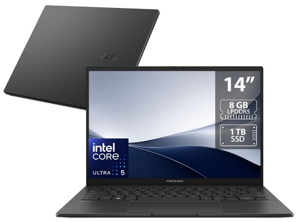 Laptop ASUS Zenbook 14: 
Procesador Intel Core Ultra 5 125H (hasta 4.5 GHz), 
Memoria de 8GB LPDDR5, 
SSD de 1TB, 
Pantalla de 14